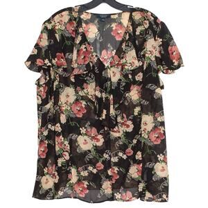 Top Sheer Y2K Boho Grunge Romantic Lolita Cottage Floral Ruffle Button Black 2X
